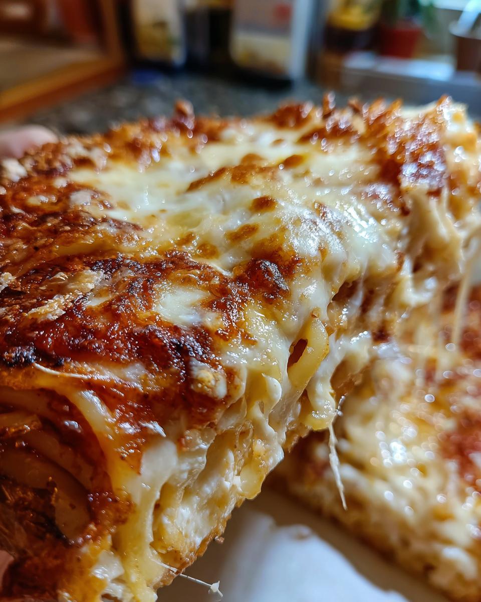 Extreme close-up of a serving of Spaghetti Brain Bake showing melted, browned cheese and layers of pasta.