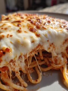Close-up of a slice of Spaghetti Brain Bake with melted, browned cheese stretching as it's served.