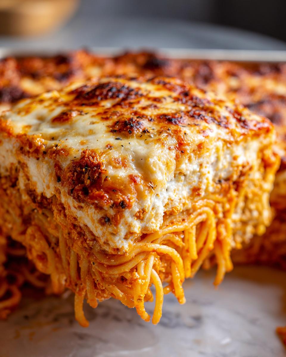 Close-up of a thick, cheesy slice being lifted from a pan of Spaghetti Brain Bake.