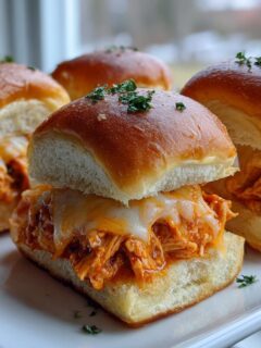 Close-up of several Spicy Buffalo Chicken Sliders with melted white cheese on soft rolls, garnished with parsley.