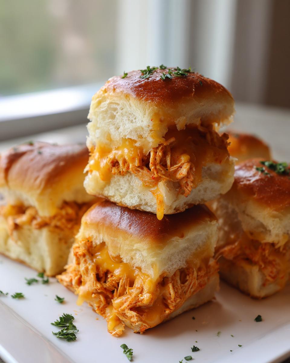 A stack of two Spicy Buffalo Chicken Sliders featuring shredded chicken, melted cheddar cheese, and topped with parsley.