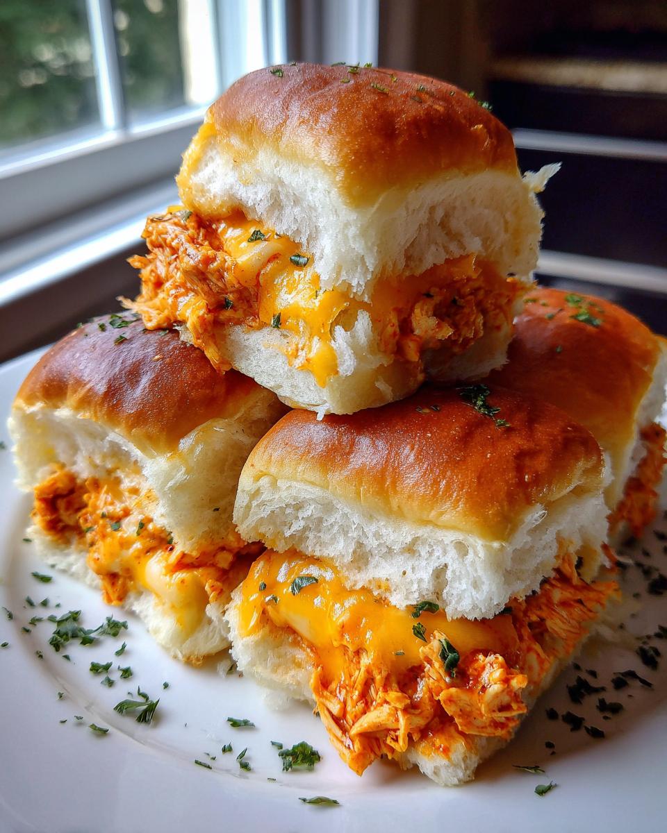 A stack of four cheesy, saucy Spicy Buffalo Chicken Sliders garnished with parsley on a white plate.