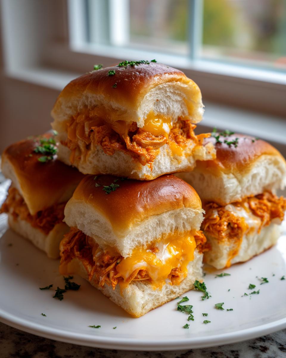 A stack of four Spicy Buffalo Chicken Sliders featuring shredded chicken, melted cheese, and topped with parsley on a white plate.