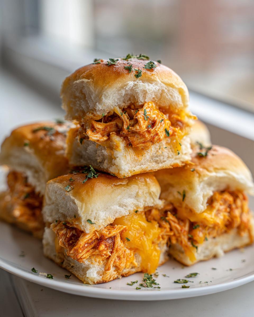 A stack of delicious Spicy Buffalo Chicken Sliders filled with shredded chicken and melted cheddar cheese, garnished with parsley.