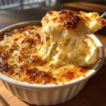 A spoonful of hot, cheesy, baked dip showing extreme cheese pull, perfect for Spicy Cheesy Baked Football Dip.