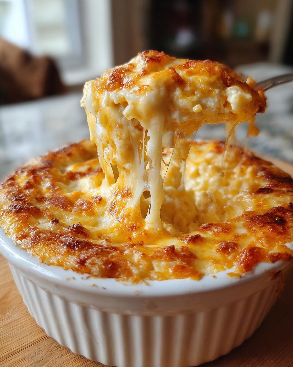 A spoonful of Spicy Cheesy Baked Football Dip showing extreme cheese pull from the golden-brown baked top.