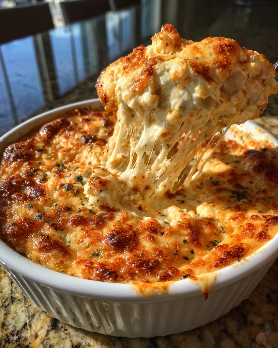A spoonful is lifted from the Spicy Cheesy Baked Football Dip, showing extreme cheese pull and a golden-brown top.