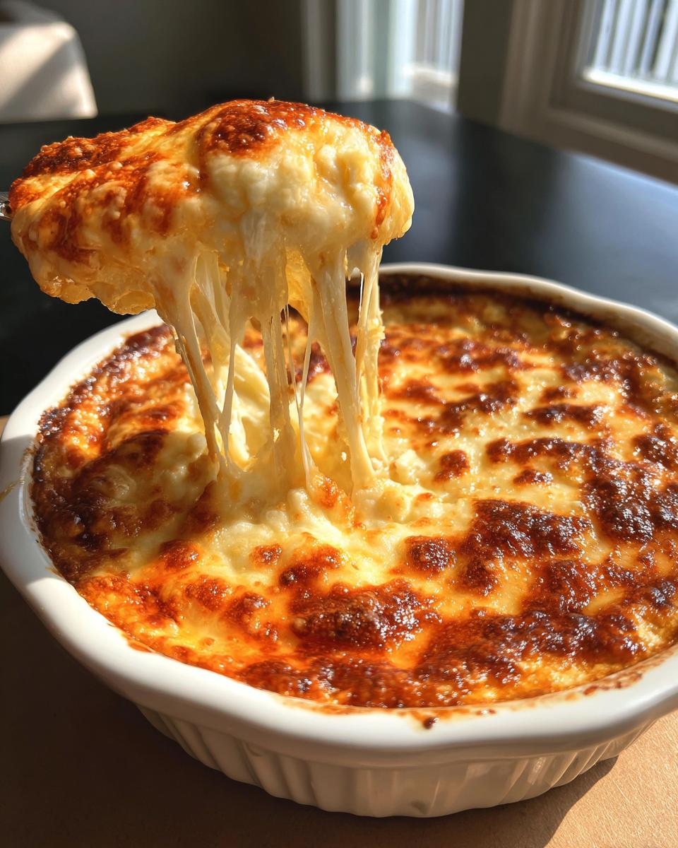 A spoonful of hot, melted cheese pulling long strings from the Spicy Cheesy Baked Football Dip.