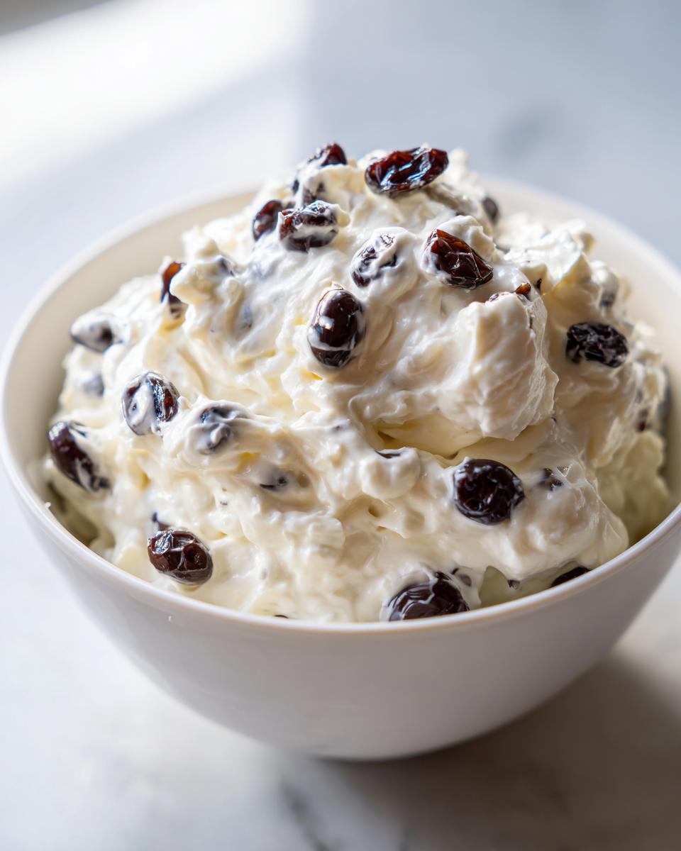 Close-up of creamy Spider Egg Ranch Dip topped generously with dark raisins in a white bowl.