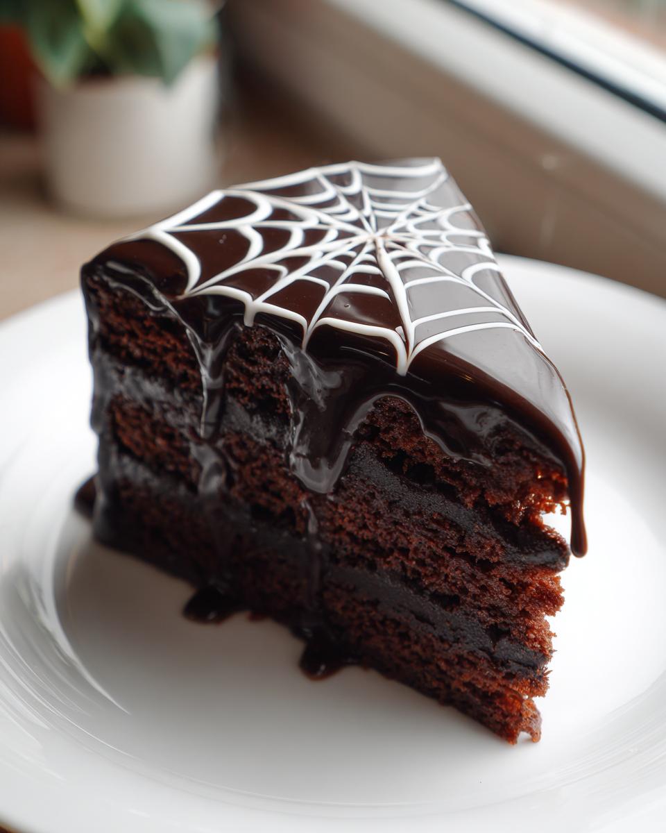 A decadent slice of Spiderweb Chocolate Cake showing rich layers and glossy ganache with white icing decoration.