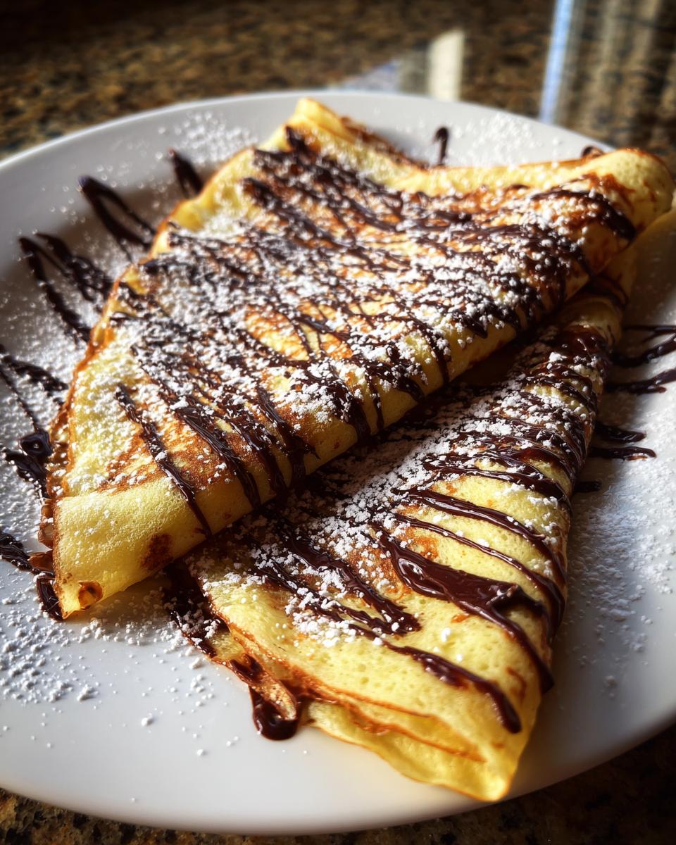 Two folded Spiderweb Crepes dusted with powdered sugar and drizzled heavily with dark chocolate sauce on a white plate.