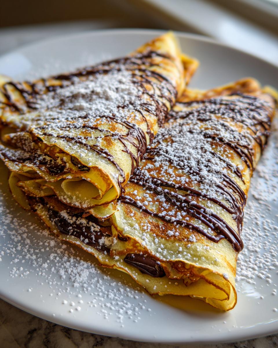 Two folded Spiderweb Crepes drizzled with chocolate sauce and heavily dusted with powdered sugar on a white plate.