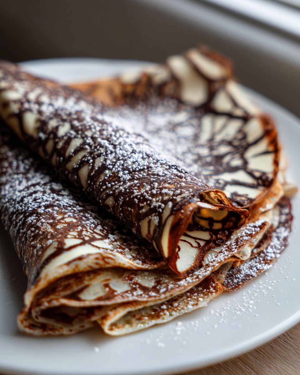 A stack of rolled Spiderweb Crepes decorated with dark chocolate patterns and dusted heavily with powdered sugar.