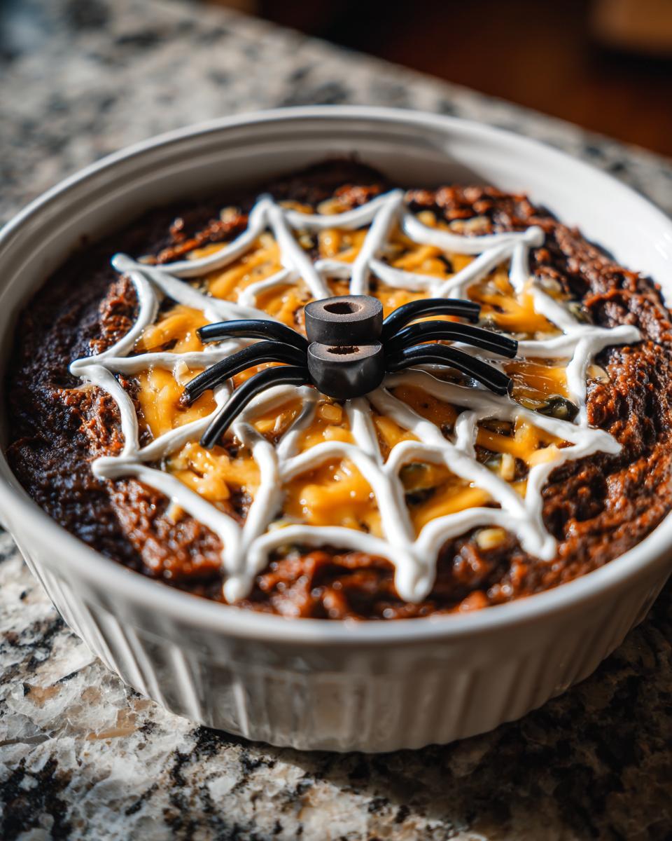 A baked dip decorated like a spiderweb with sour cream and a black olive spider, perfect for Halloween Dinner Ideas.