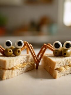 Two Spooky Spider Sandwiches made with bread, peanut butter, pretzel legs, and olive eyes, ready for a fun snack.