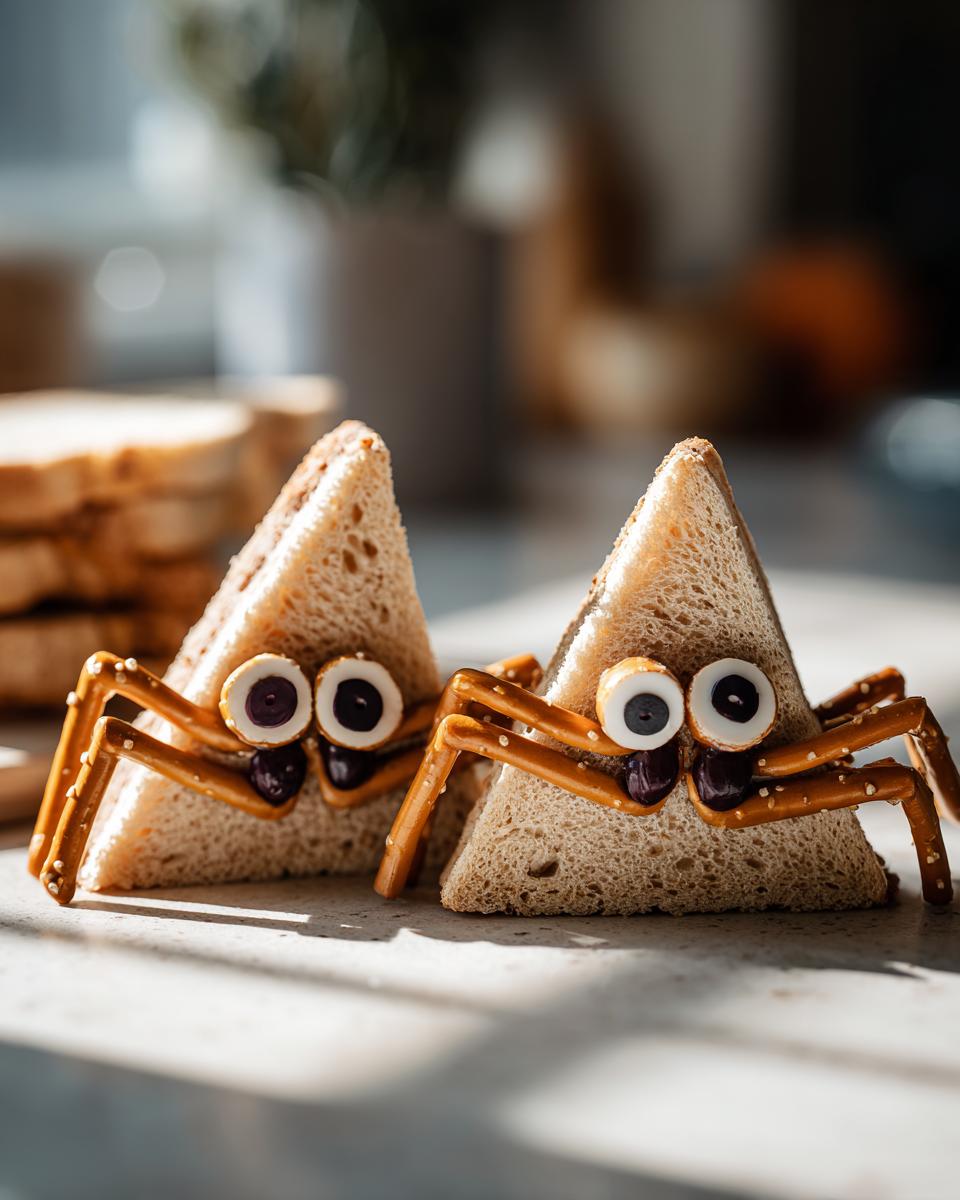 Two triangular Spooky Spider Sandwiches made with bread, pretzel legs, and candy eyes