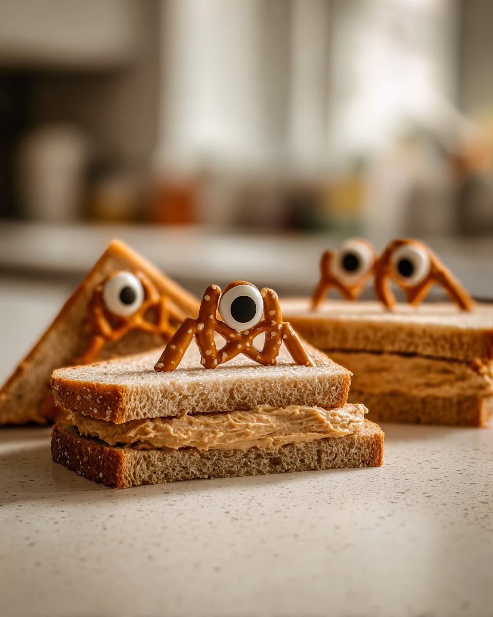 Close-up of Spooky Spider Sandwiches made with peanut butter, pretzels, and candy eyes on a kitchen counter.