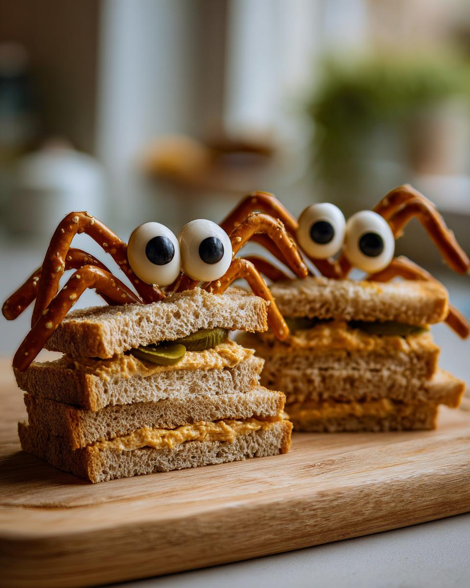 Two stacked Spooky Spider Sandwiches made with whole wheat bread, filling, pretzel legs, and large candy eyeballs.