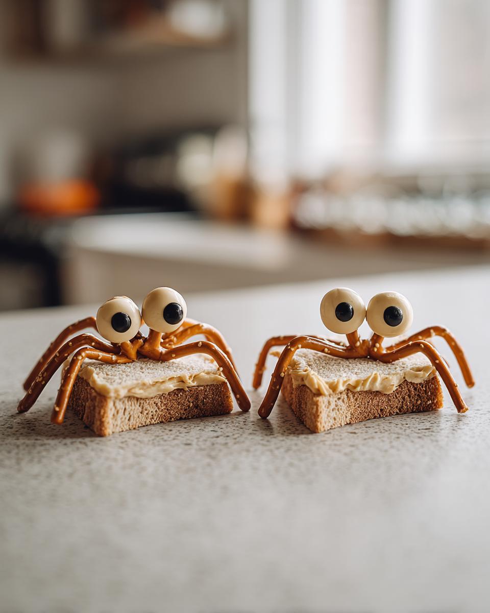 Two Spooky Spider Sandwiches made with bread, spread, pretzel legs, and candy eyeballs sitting on a countertop.