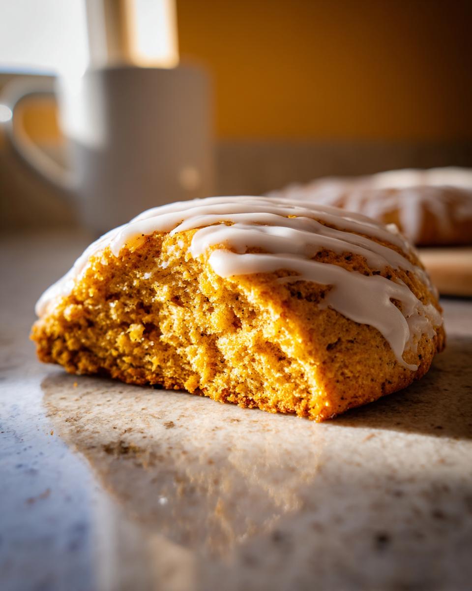 A close-up, cross-section view of a Starbucks Pumpkin Scones half, showing the moist interior and white vanilla icing drizzle.