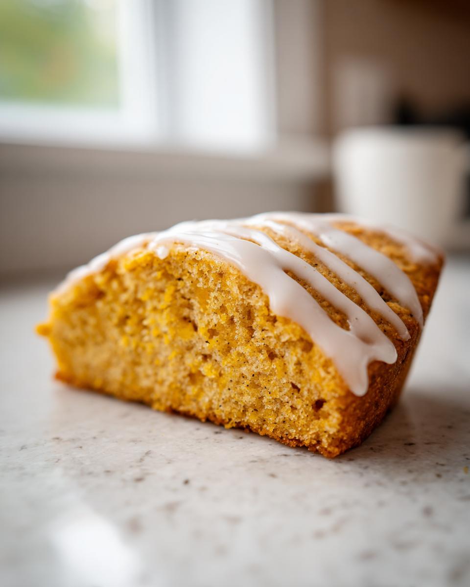 A close-up of a slice of moist, orange-hued Starbucks Pumpkin Scones topped with a white vanilla glaze drizzle.