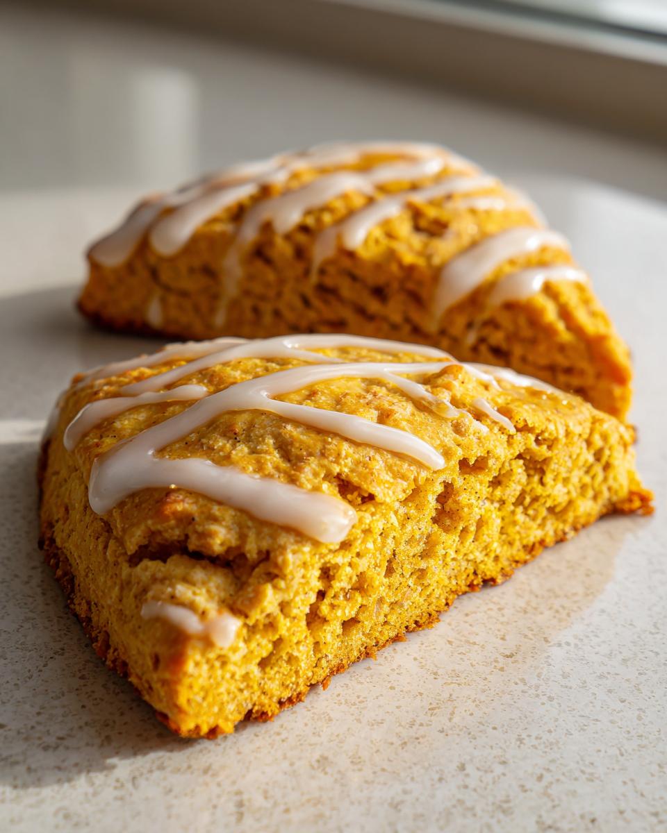 Two triangular Starbucks Pumpkin Scones with white vanilla icing drizzled on top, sitting on a light countertop.
