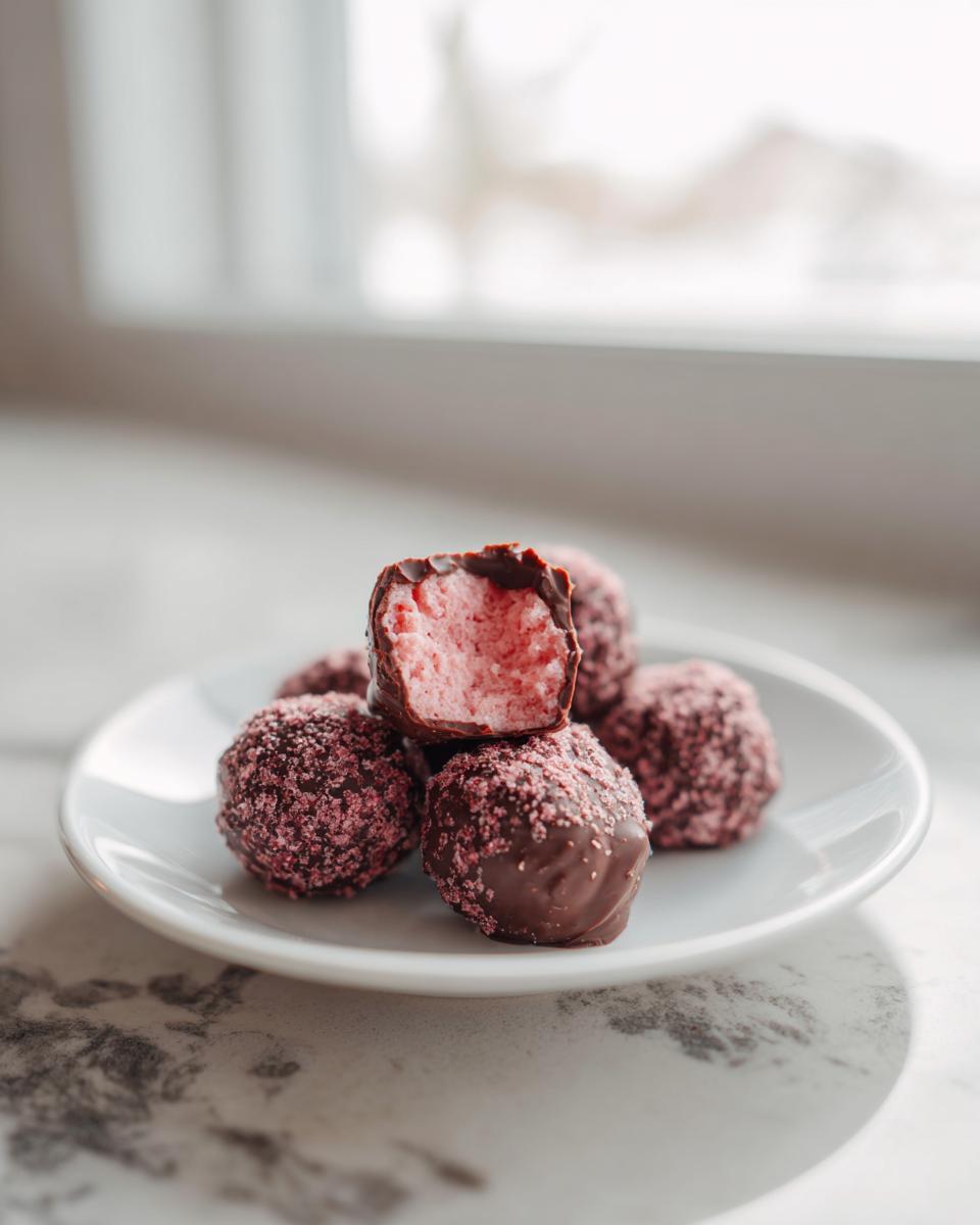 A pile of chocolate-dipped Strawberry Truffles, one cut open revealing a pink center, resting on a white plate.