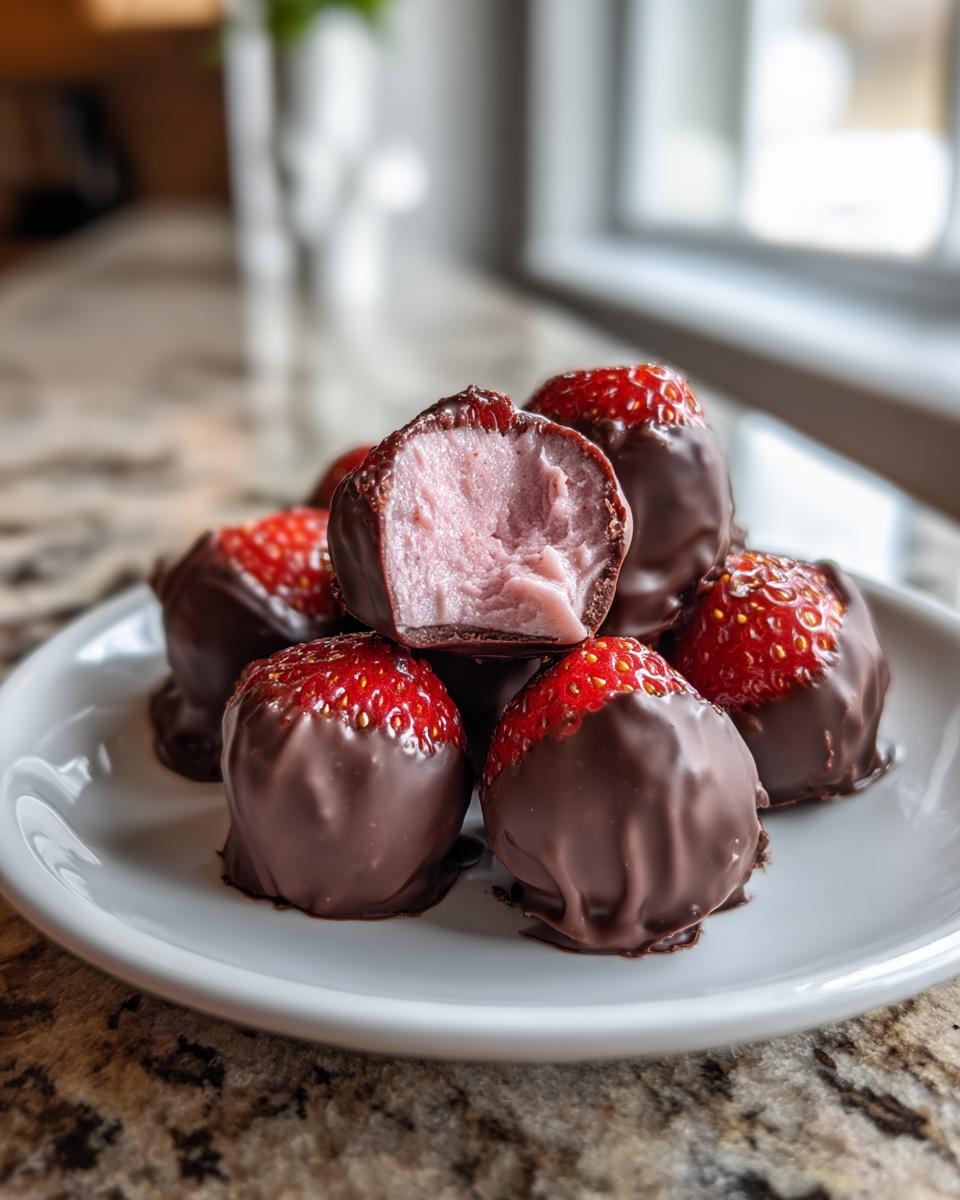 A stack of homemade Strawberry Truffles, partially dipped in dark chocolate, with one cut open showing the pink filling.