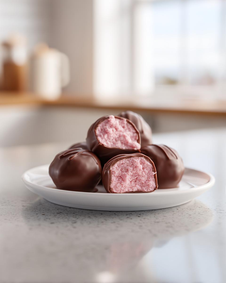 A stack of chocolate-covered Strawberry Truffles on a white plate, one cut in half showing the pink filling.