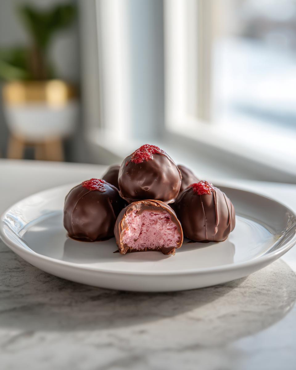 A stack of dark chocolate-covered Strawberry Truffles, one cut open revealing the pink center, on a white plate.