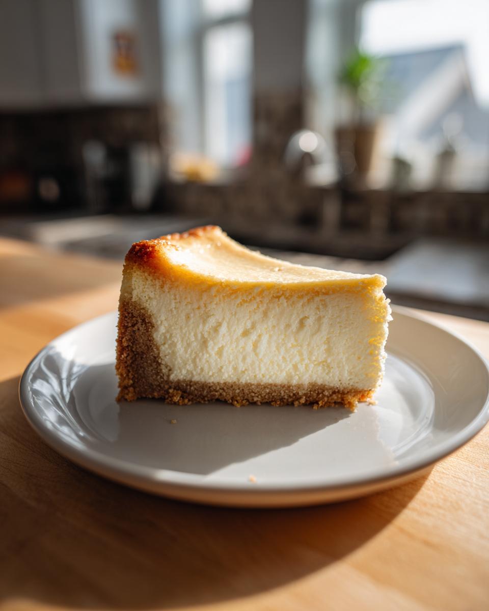 A creamy slice of Sugar Cookie Cheesecake with a thick graham cracker crust, sitting on a white plate.