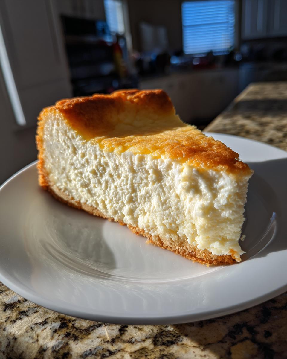 A thick, creamy slice of Sugar Cookie Cheesecake with a golden-brown top, served on a white plate.