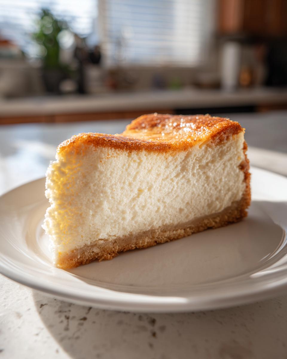 A perfect slice of creamy Sugar Cookie Cheesecake with a golden-brown, slightly caramelized top, resting on a white plate.