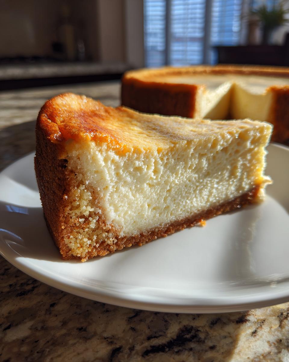 A thick slice of creamy Sugar Cookie Cheesecake with a golden-brown crust, served on a white plate.