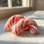 Two curved, red and white striped Candy Cane Cookies heavily coated in sparkling sugar.