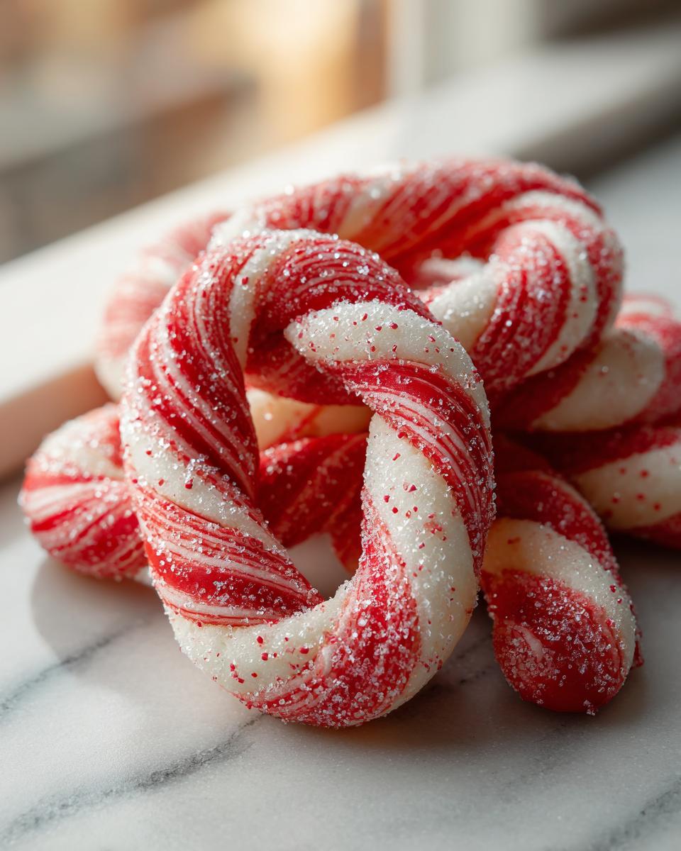 Close-up of several brightly colored, red and white striped Candy Cane Cookies dusted heavily with sparkling sugar.