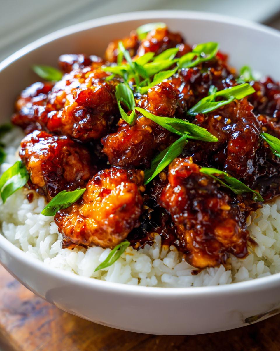 Close-up of crispy Sweet Chili Chicken pieces coated in a dark, glossy sauce, served over white rice and garnished with green onions.