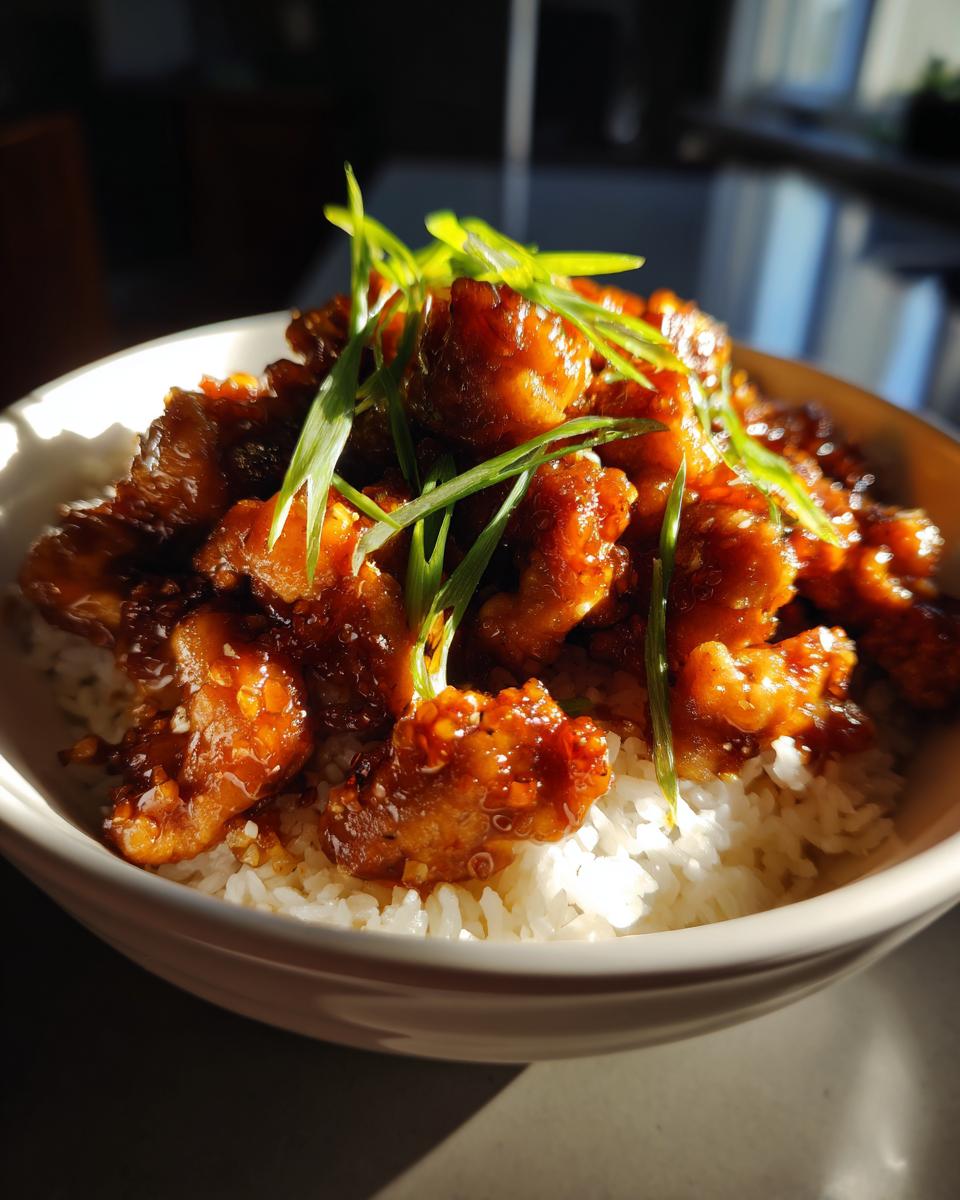 A close-up of Sweet Chili Chicken pieces coated in glaze, served over white rice and garnished with green onions.