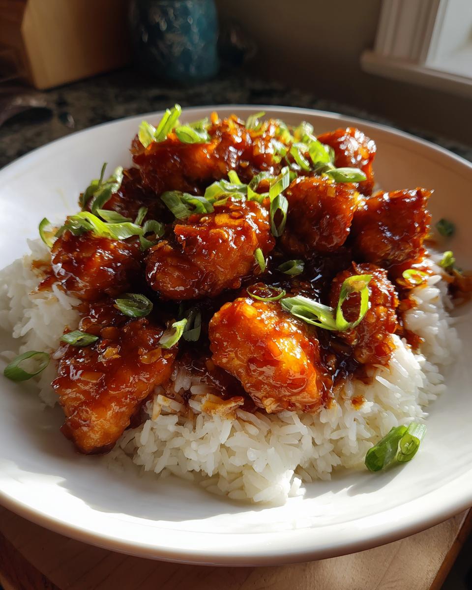 Close-up of crispy Sweet Chili Chicken pieces coated in a dark glaze, served over fluffy white rice and topped with sliced green onions.