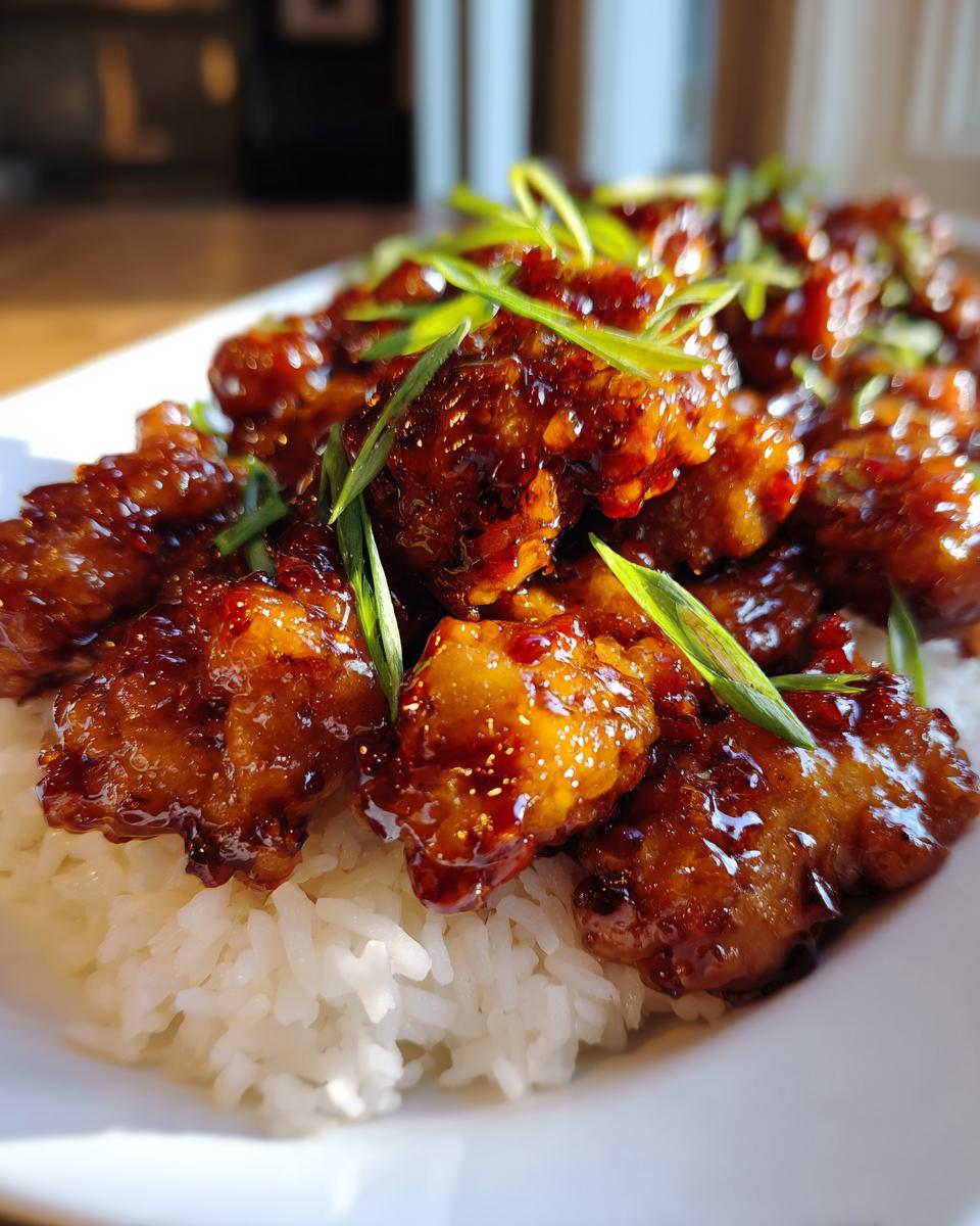Close-up of crispy Sweet Chili Chicken pieces coated in a glossy sauce, served over fluffy white rice and garnished with green onions.