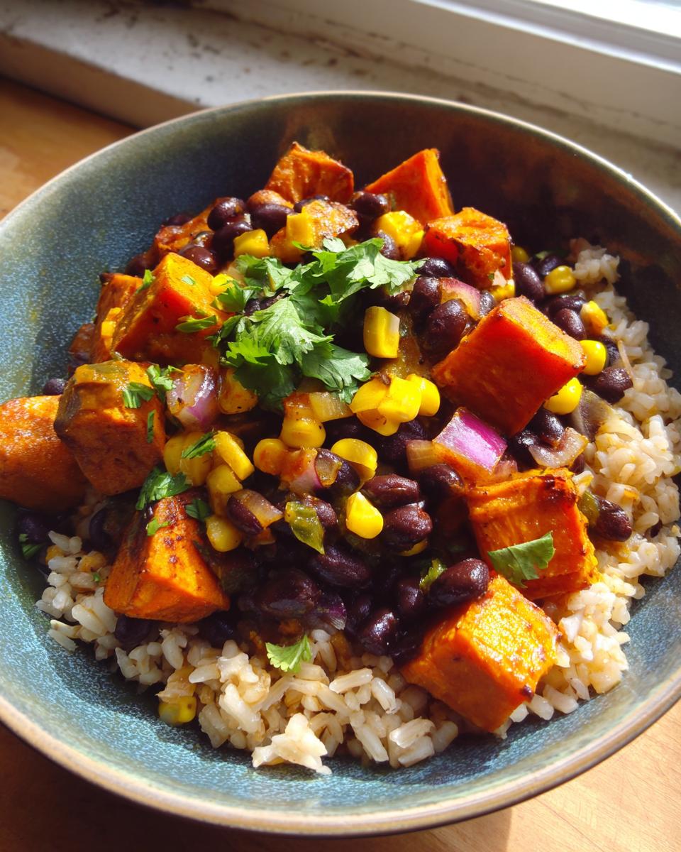 A close-up of a bowl filled with brown rice topped with roasted sweet potatoes, black beans, corn, and cilantro, showcasing the Sweet Potato Black Bean Bowls.