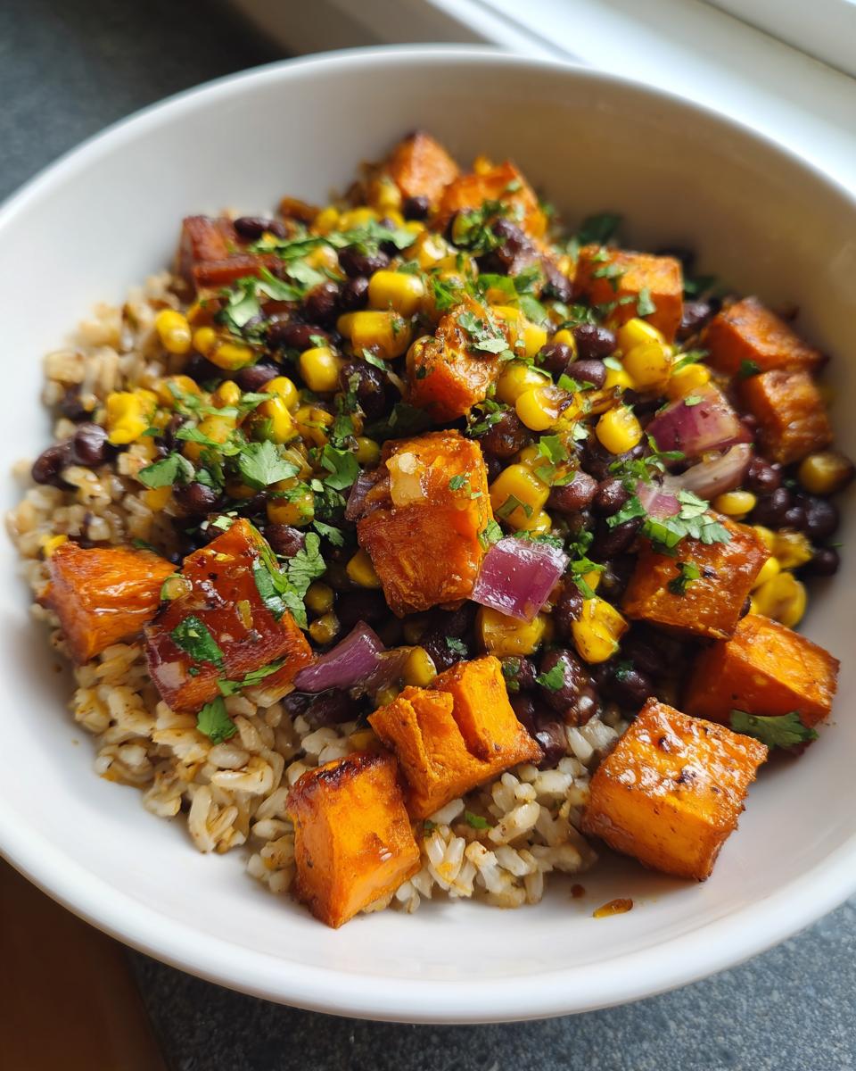 A close-up of a healthy bowl featuring brown rice topped with roasted sweet potatoes, black beans, corn, and cilantro for Sweet Potato Black Bean Bowls.