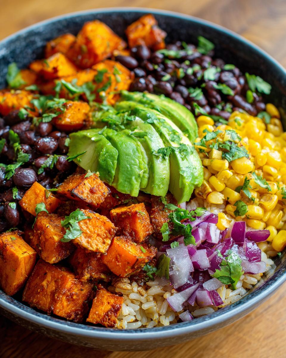 A vibrant Sweet Potato Taco Bowl featuring seasoned sweet potatoes, black beans, corn, avocado, and red onion over rice.