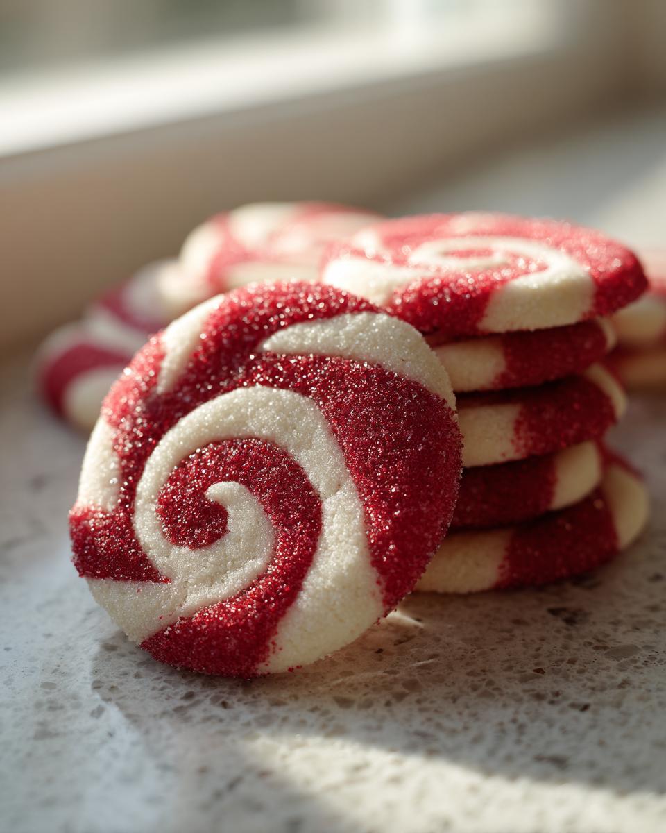 Close-up of swirled red and white Candy Cane Cookies covered in sparkling red sugar.
