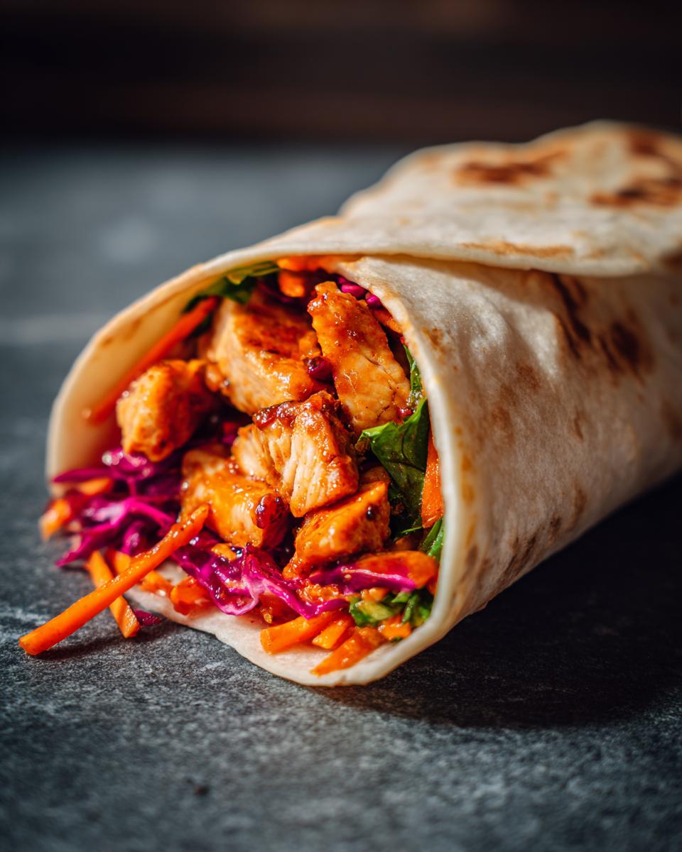 Close-up of a Thai Peanut Chicken Wraps showing glazed chicken pieces, shredded purple cabbage, and carrots inside a soft tortilla.