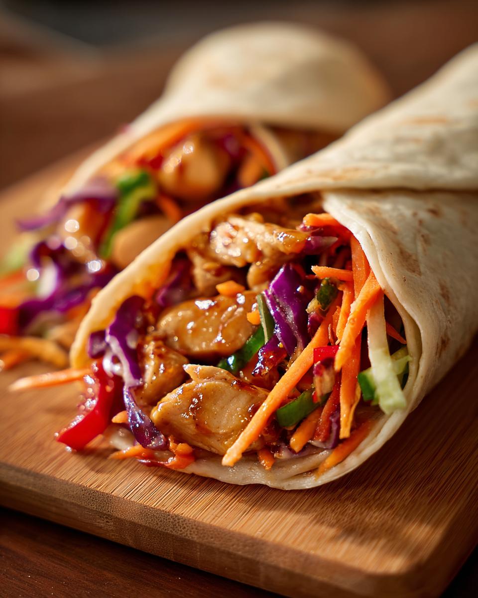 Close-up of Thai Peanut Chicken Wraps showing saucy chicken, shredded carrots, and purple cabbage in a tortilla.