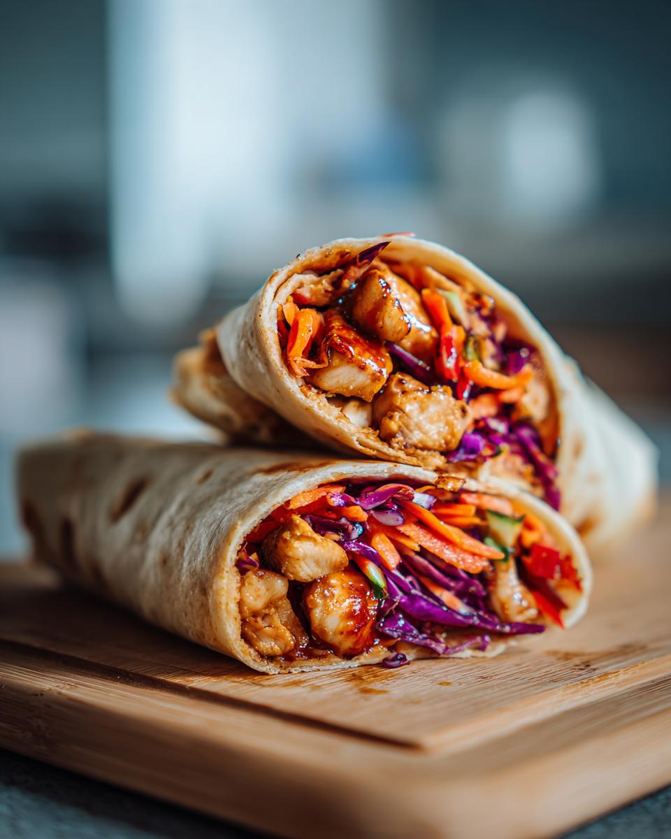 Two halves of Thai Peanut Chicken Wraps stacked, showing glazed chicken, shredded carrots, and purple cabbage.