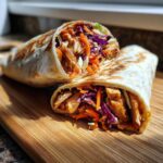 Two halves of a toasted wrap filled with sliced chicken and colorful coleslaw, showcasing the Thai Peanut Chicken Wraps filling.