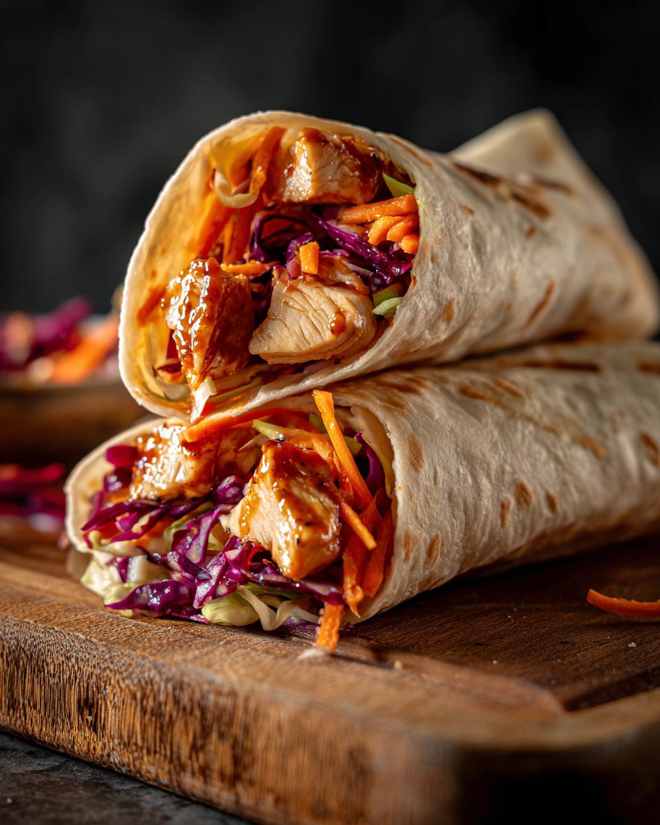 Two delicious Thai Peanut Chicken Wraps stacked, showing chunks of glazed chicken and shredded purple cabbage and carrots.