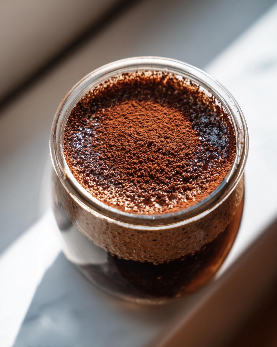 Overhead shot of Tiramisu Chia Pudding in a glass jar, heavily dusted with rich cocoa powder.